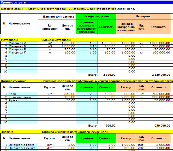 Калькуляция себестоимости в Excel. Прямые затраты