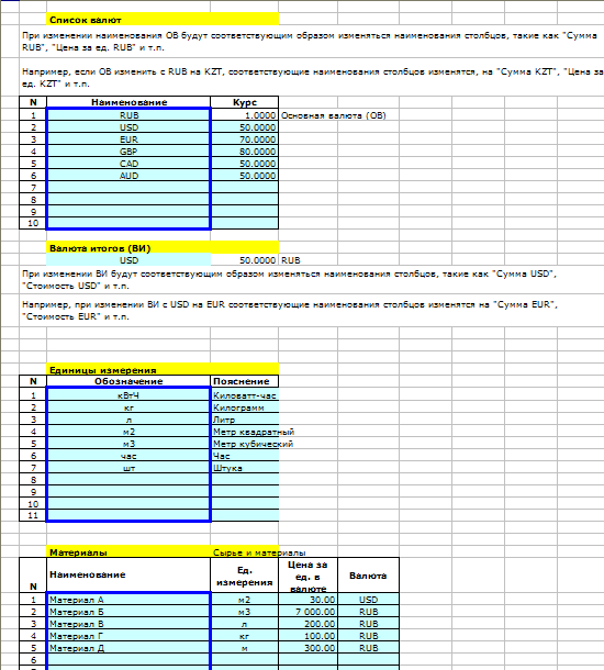 Расчет себестоимости продукции в Excel. Список валют